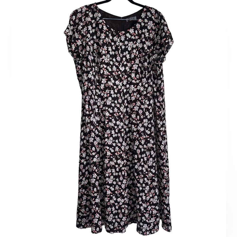 Kate Hill size 18w 18 brown floral print midi dress 100% silk shirt sleeve flare